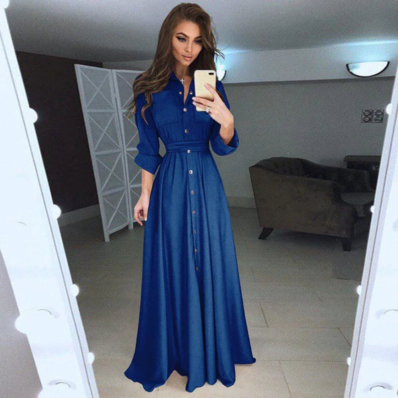 Elegant Buttoned Waist-Tie Midi Dress