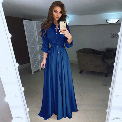 Elegant Buttoned Waist-Tie Midi Dress