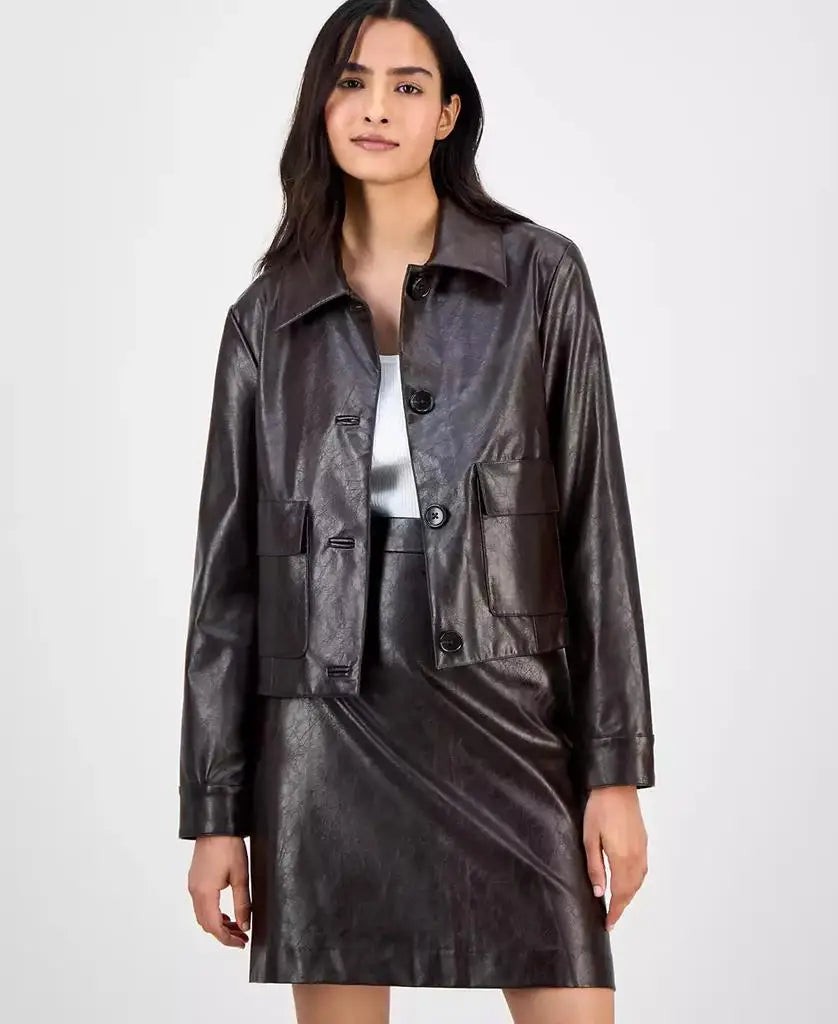 Anne Klein | Women's Faux Leather Front-Button Jacket
