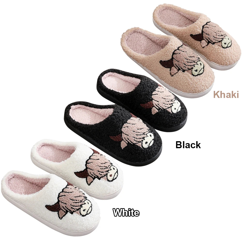 Winter Slippers Non-Slip Highland Cow Slippers Warm Plush Home Slipper House Flat Floor Soft Slides Cozy Couple Slip-On Slippers