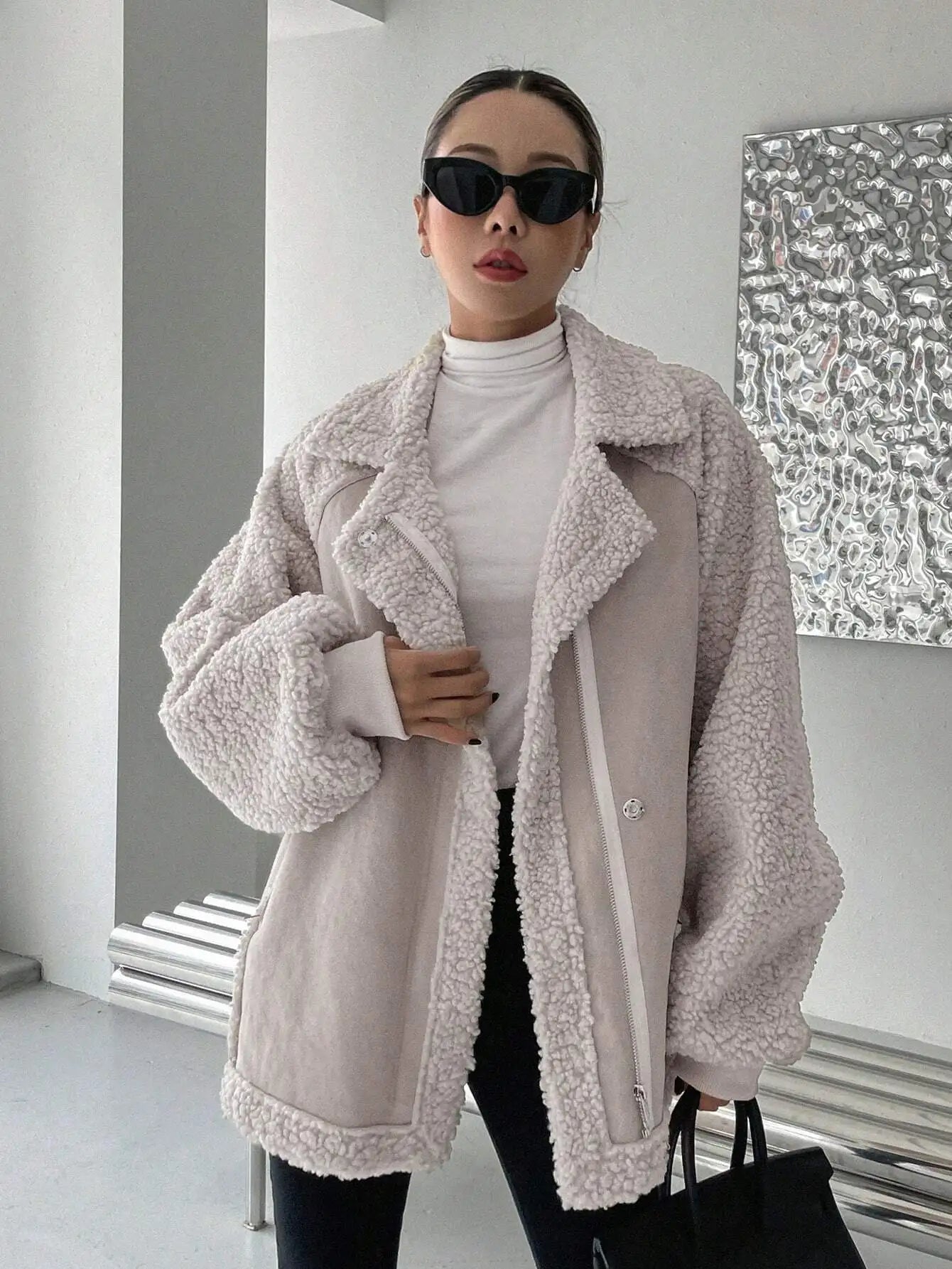 Oversized Raglan Sleeve Zip-Up Teddy Coat for Women, Fleece Lined Warm Jacket