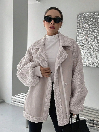 Oversized Raglan Sleeve Zip-Up Teddy Coat for Women, Fleece Lined Warm Jacket