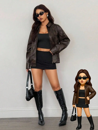 Women's Vintage Brown Faux Leather Zipper Jacket with Distressed Texture