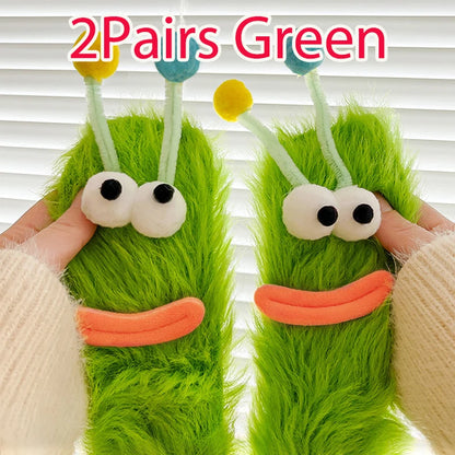 Funny monster fleece winter socks, cozy green design with eyes and antennas, perfect for lounging in style.