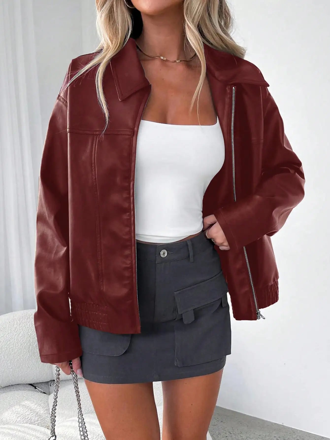 Women's Black PU Leather Zip-Up Oversized Jacket for Autumn Winter