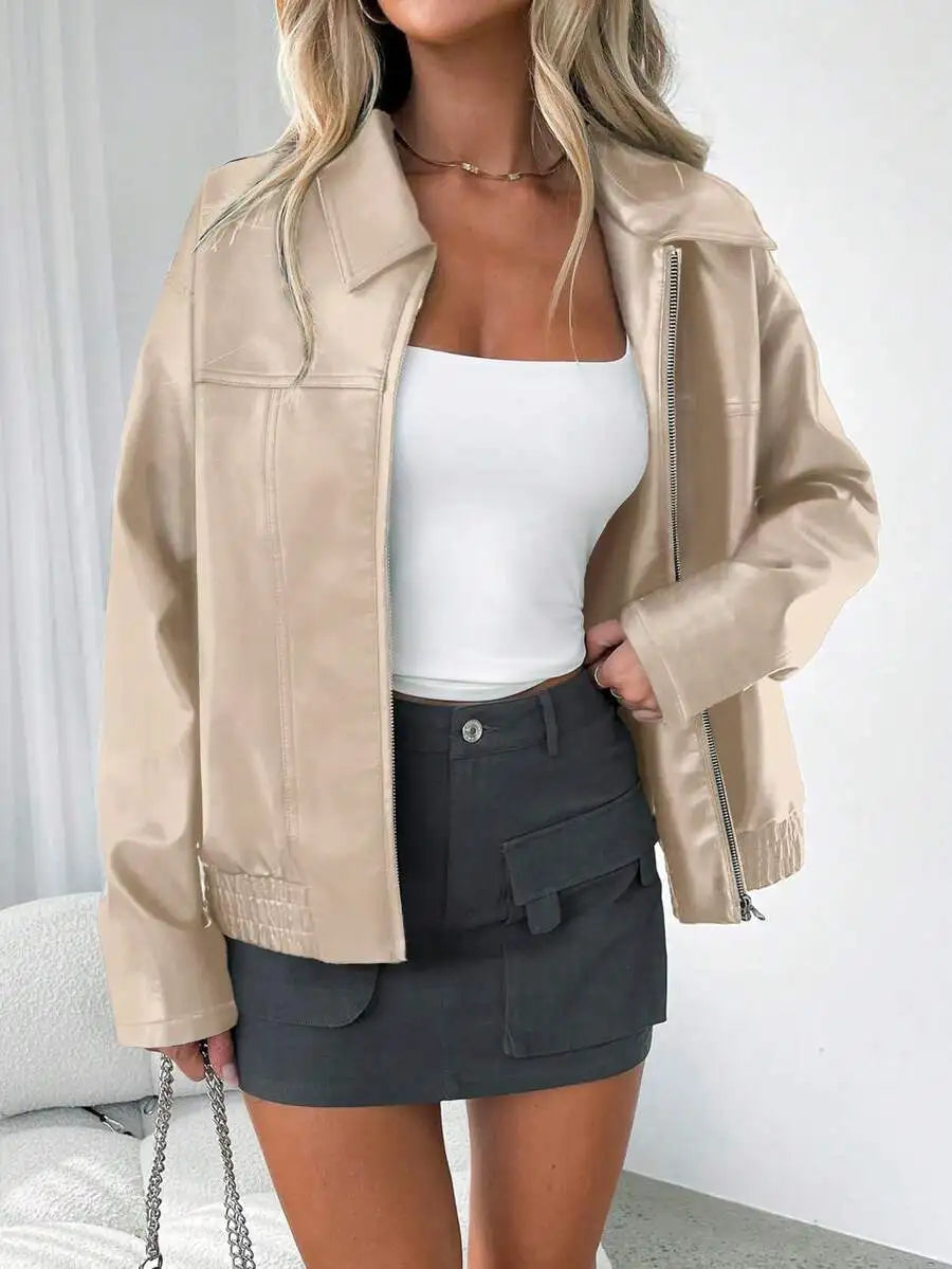 Women's Black PU Leather Zip-Up Oversized Jacket for Autumn Winter