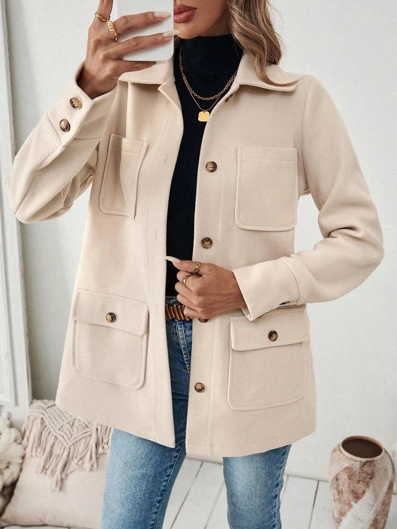 EMERY ROSE Casual Solid Color Multi-Pocket Jacket, Versatile For Autumn/Winter Fall Cloth For Women