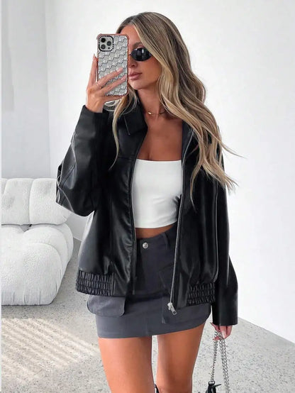 Women's Black PU Leather Zip-Up Oversized Jacket for Autumn Winter