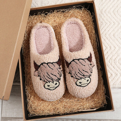 Winter Slippers Non-Slip Highland Cow Slippers Warm Plush Home Slipper House Flat Floor Soft Slides Cozy Couple Slip-On Slippers