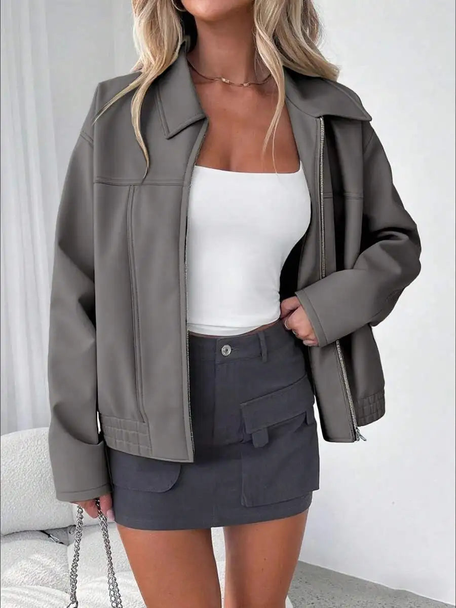 Women's Black PU Leather Zip-Up Oversized Jacket for Autumn Winter