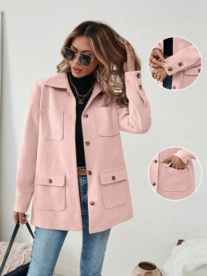 EMERY ROSE Casual Solid Color Multi-Pocket Jacket, Versatile For Autumn/Winter Fall Cloth For Women