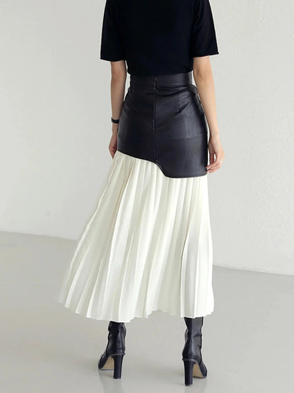 Elegant Dresses for Woman Clothing Contrast Color Pleated Midi Skirt Faux Leather Panel High Waist Edgy Chic for Streetwear