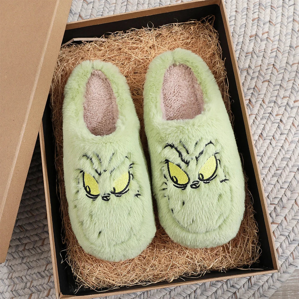 For Grinch Plush Slippers Warm Slip-on House Shoes Breathable